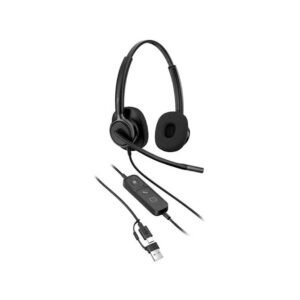 Headset com fio preto com microfone e controlo USB