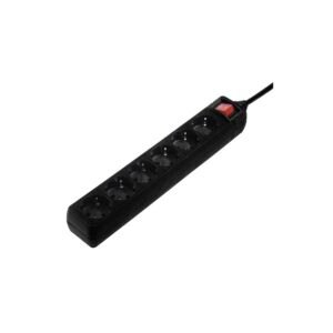 Extensão elétrica preta com seis tomadas e interruptor vermelho