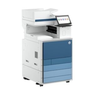 Impressora multifuncional HP azul e branca de escritório