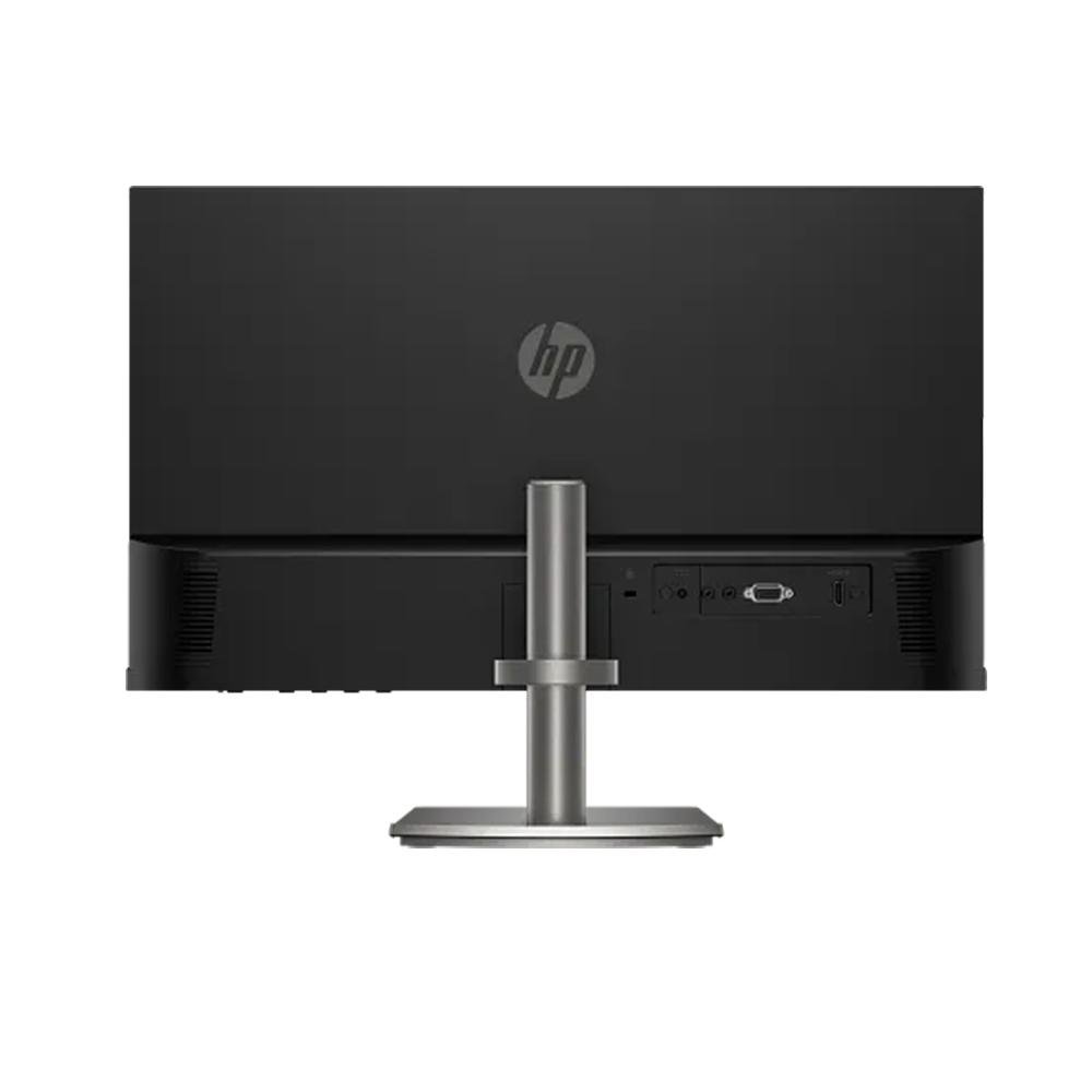 Vista traseira do monitor HP preto com suporte prateado
