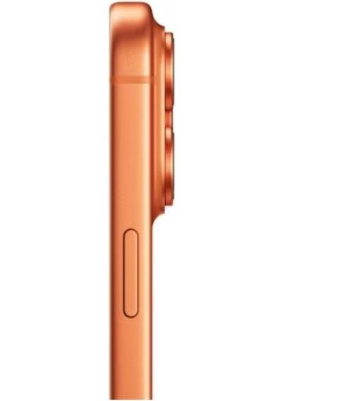 Smartphone laranja visto de lado com câmara tripla