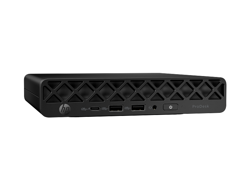 Mini PC HP ProDesk preto visto de ângulo lateral